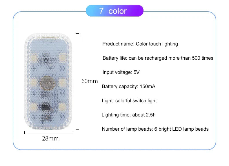 LED Touch Light Mini Wireless Car Interior Lighting Auto Roof Ceiling Reading Lamp for Door Foot Trunk Storage Box USB Charging